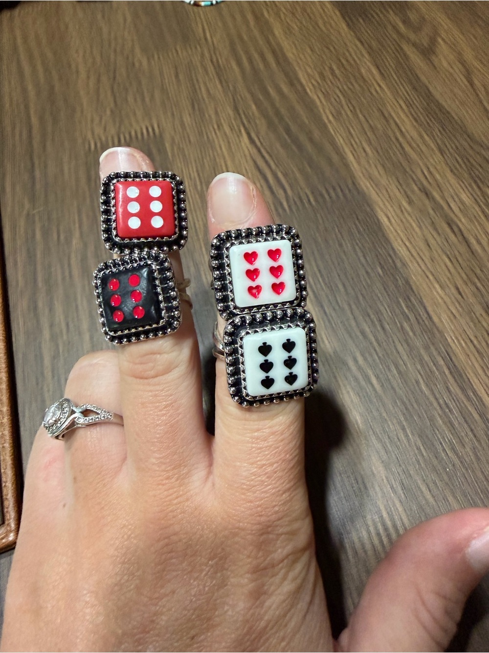 Silver-Tone Dice Stackable Rings with Red, Black and White Inlay